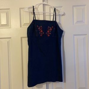 denim dress w flower embroidery, thrifted, no brand fits kinda big, never worn